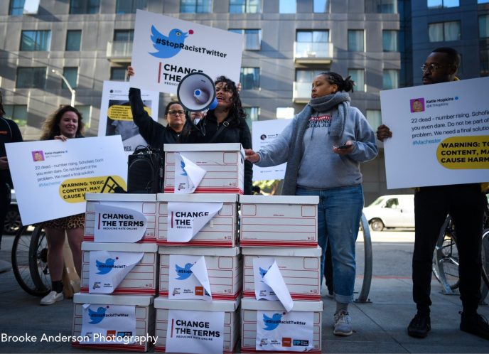 MediaJustice organizers and allies deliver thousands of petitions demanding Twitter change the terms & stop the rampant racism on the platform