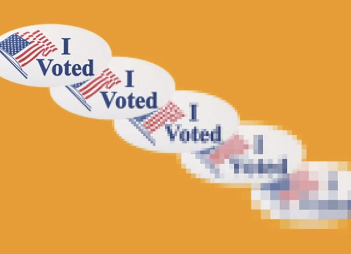 a series of "I VOTED" Stickers becomes increasingly pixelated and unclear over a light orange background