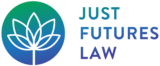 The logo for Just Futures Law, including image of a lotus outlined in blue & green circle to the left of image