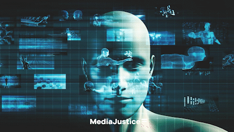 Image of man with futuristic images panning across, "Algorithmic Bias Explained" text scrolls in bottom third with MediaJustice logo at the bottom