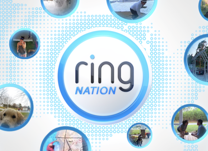 Ring Nation's logo surrounded by ring camera lenses recording millions of people's daily lives....