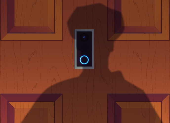 Wooden door, with ring device at the center with a figure's shadow overlaying