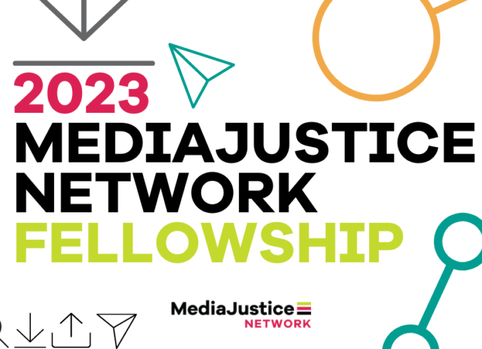 GRAPHIC: 2023 MEDIAJUSTICE NETWORK FELLOWSHIP surrounded by colorful variants of the “share” icon