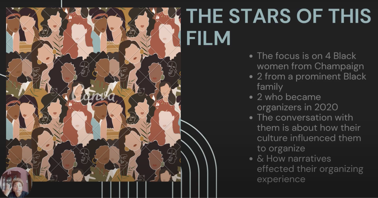 SCREENSHOT: From Bria's short documentary presentation. at left is a graphic of many multiracial femme faces, and text on the right reads: "THE STARS OF THIS FILM" 